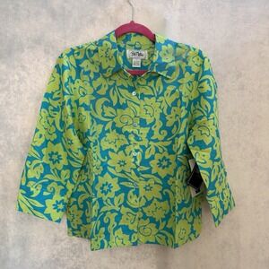 NWT Bob Mackie Studio 100% Silk Floral Button Blouse Shirt Turquoise Green 10